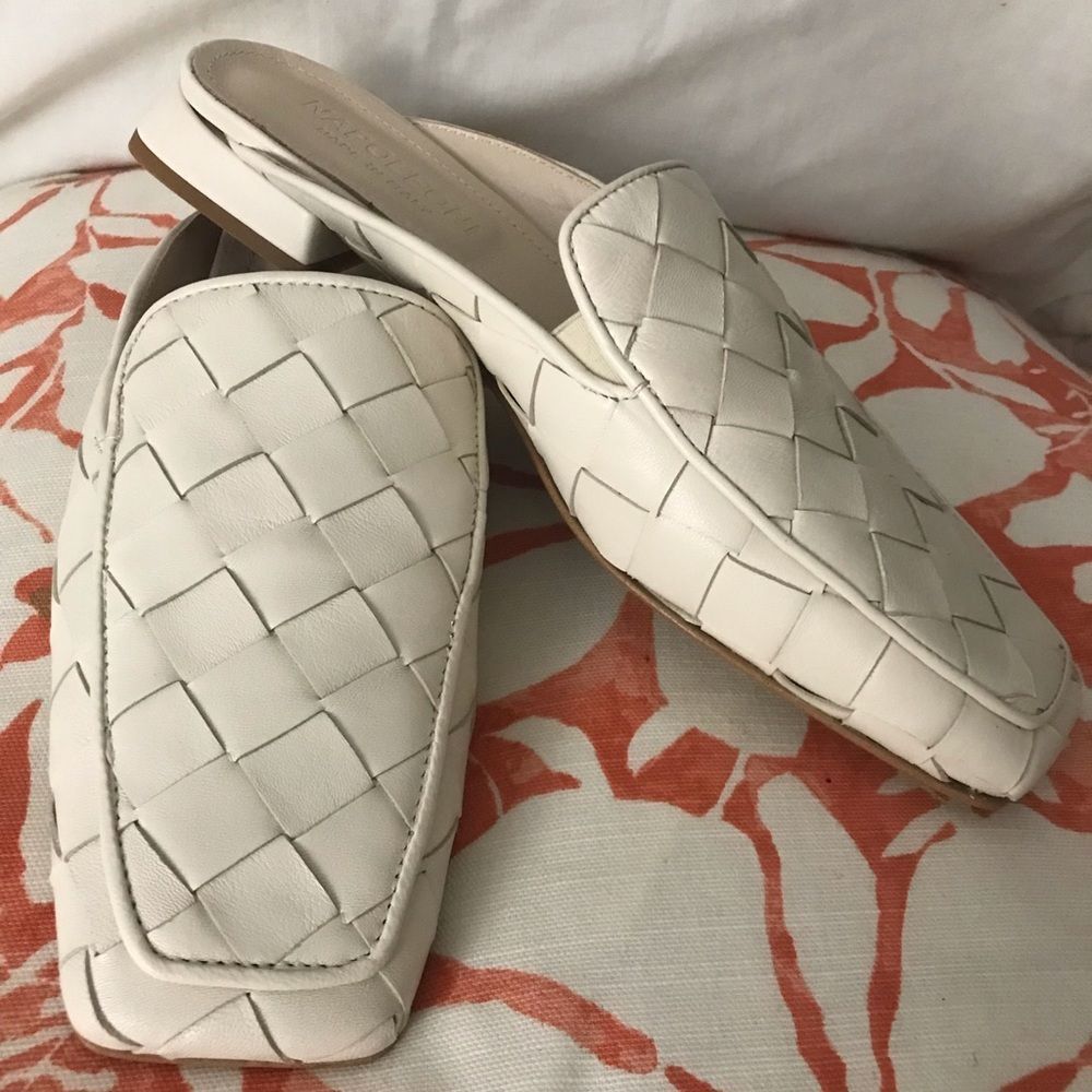 Woven Leather Backless Loafers - White